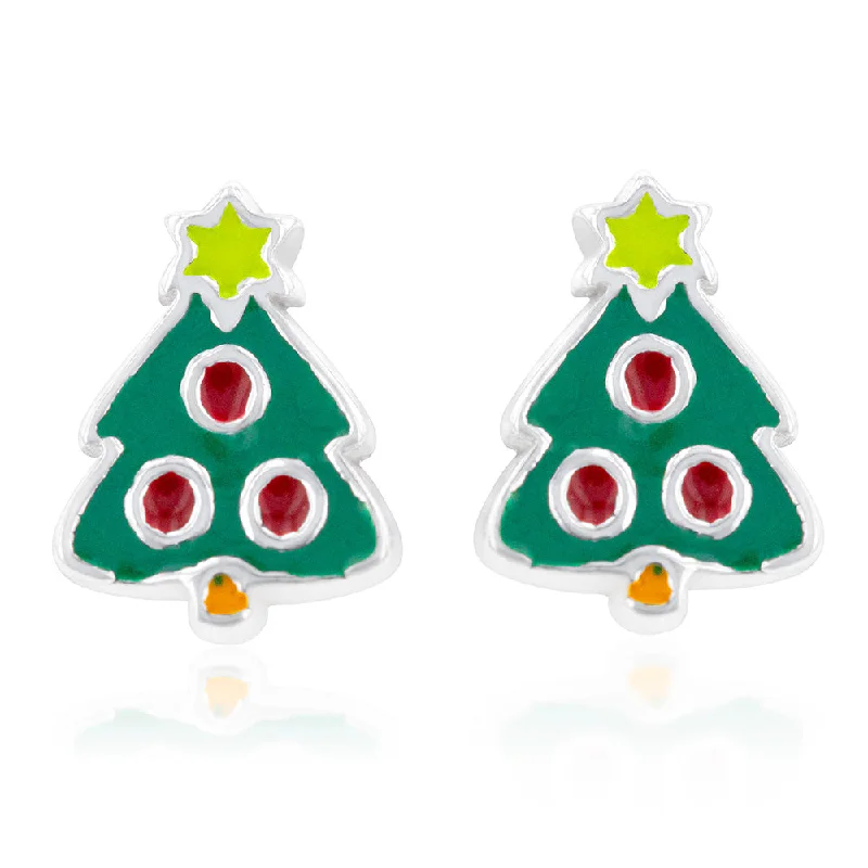 Quirky rings-Sterling Silver Green Enamel Christmas Tree Stud Earring