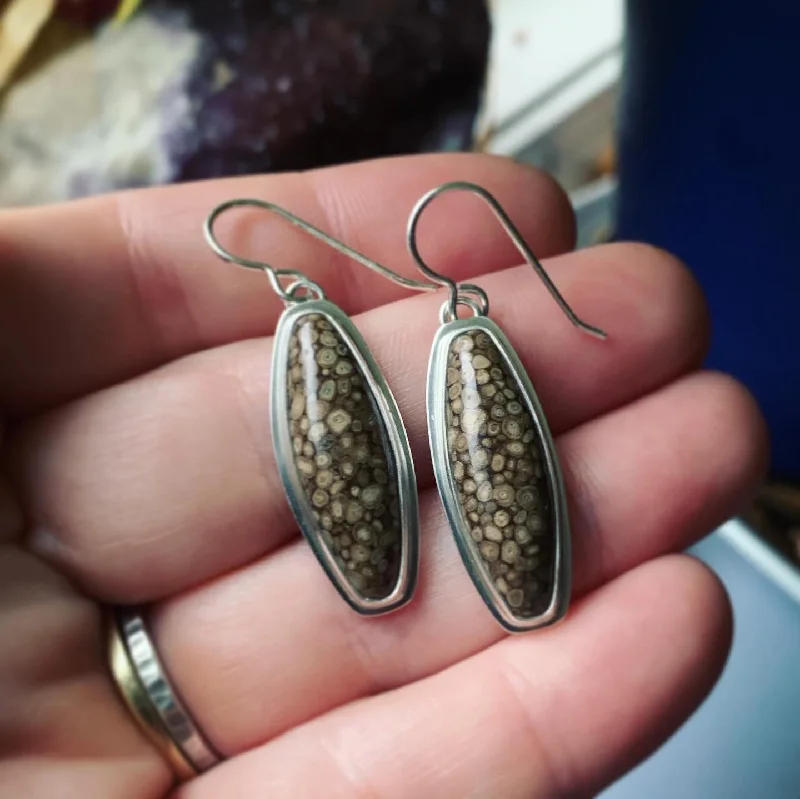 Slim wing earrings-Fossil Oolite and Sterling Silver Earring