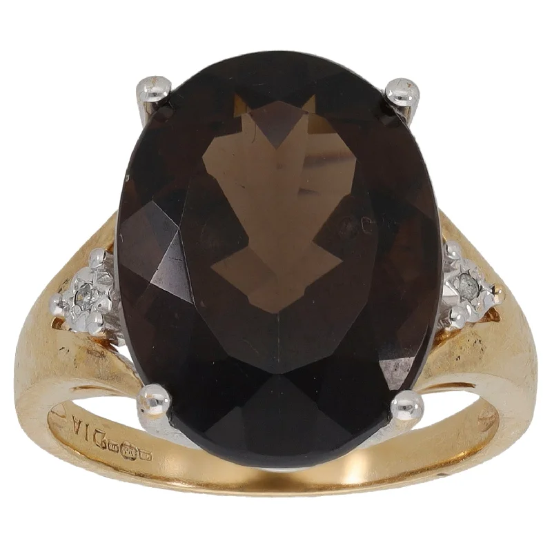 Moon birthstone rings-9ct Gold Smoky Quartz & 0.01ct Diamond Dress/Cocktail Ring Size M