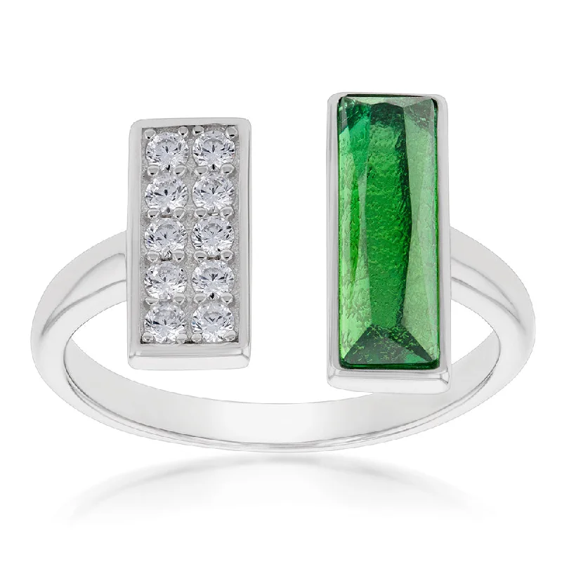 Jade gem rings-Sterling Silver Cubic Zirconia And Green Enamel Open Ring