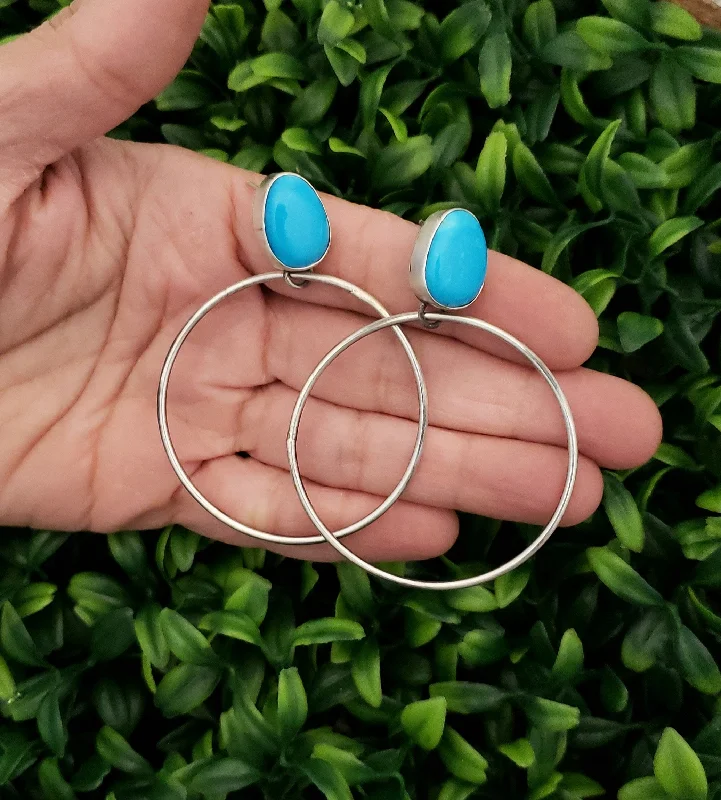 Thick bar earrings-Stamped Sterling Silver Genuine Turquoise Stone Hoop Earrings