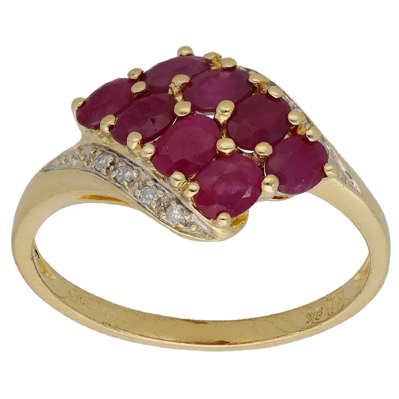 Fold band rings-9ct Gold Glass Filled Ruby & 0.08ct Diamond Dress/Ccoktail Ring Size Q