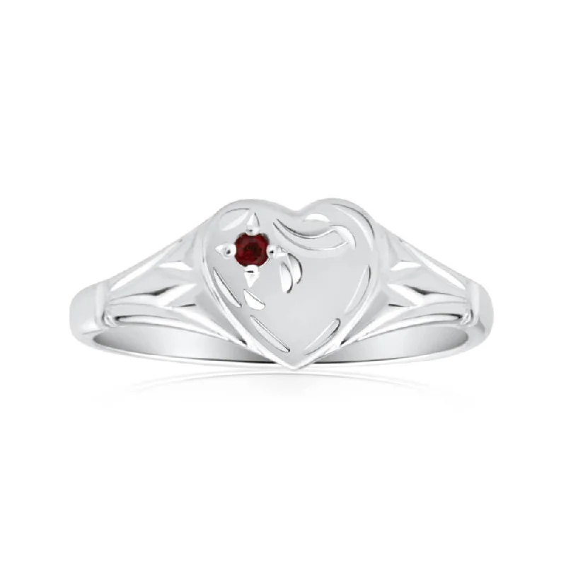 Wide geometric rings-Sterling Silver Garnet Heart Signet Ring Size L