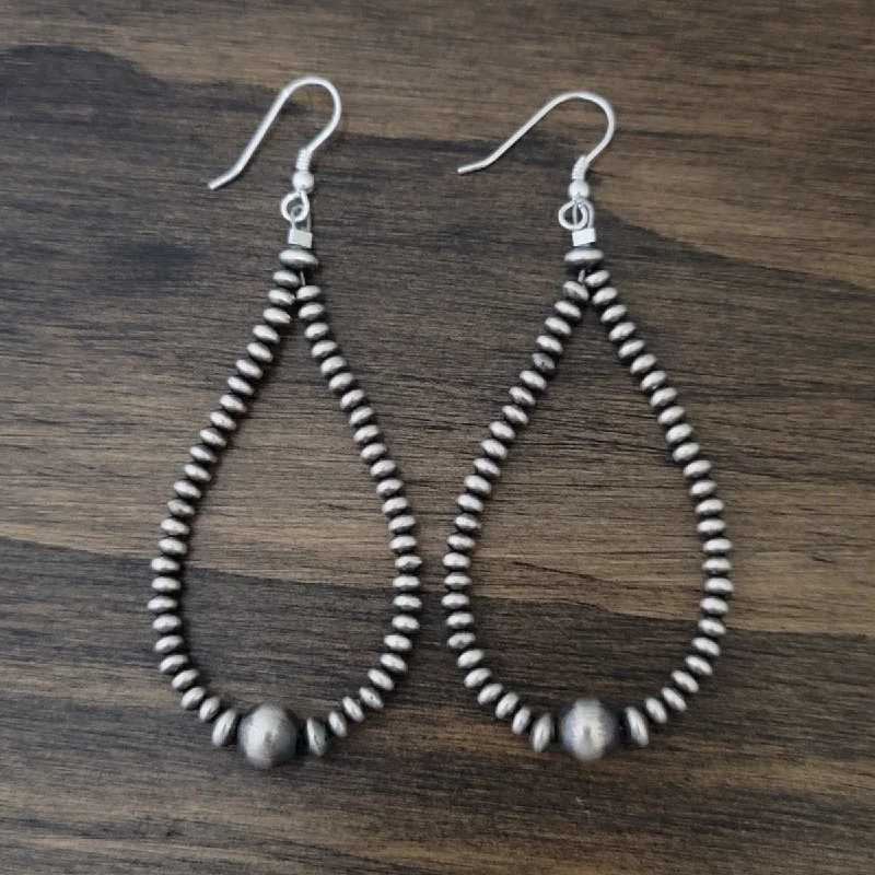 Wide hoop earrings-Navajo Pearls Saucer & Round Bead Tear Drop Dangle Earrings Sterling Silver