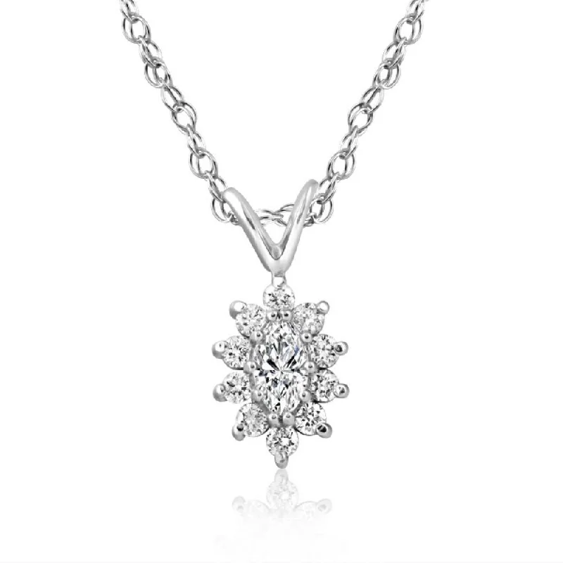 Ten-strand necklaces-1/2CT Marquise Halo Pave Diamond Solitaire Pendant 14K White Gold