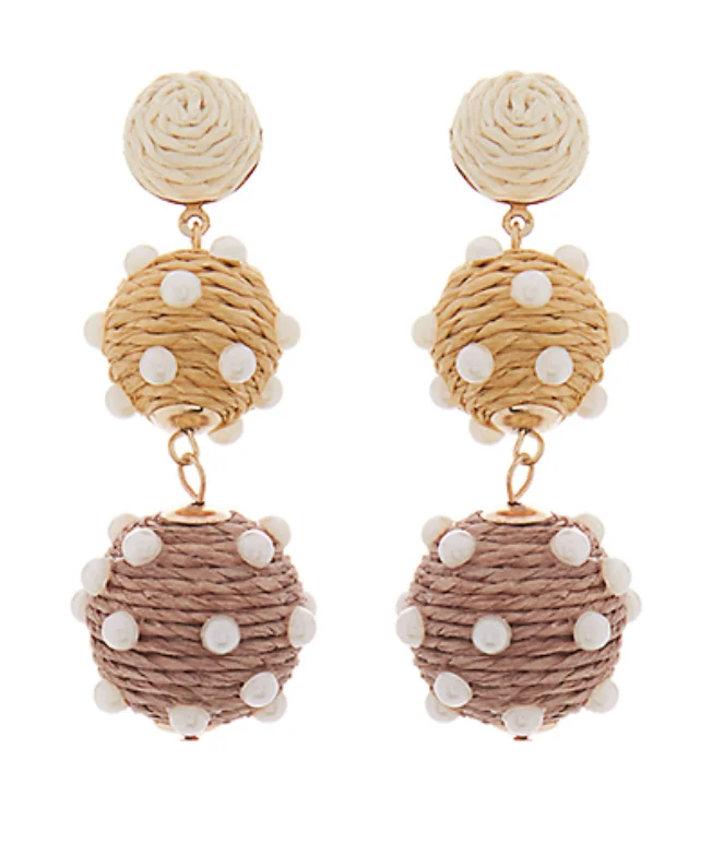 Bloom pattern earrings-Tan Pearl Raffia Earrings