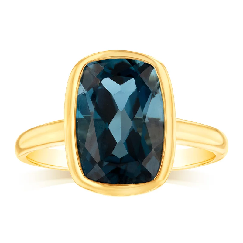 Joy charm rings-9ct Yellow Gold Natural London Blue Topaz Bezel Set Ring