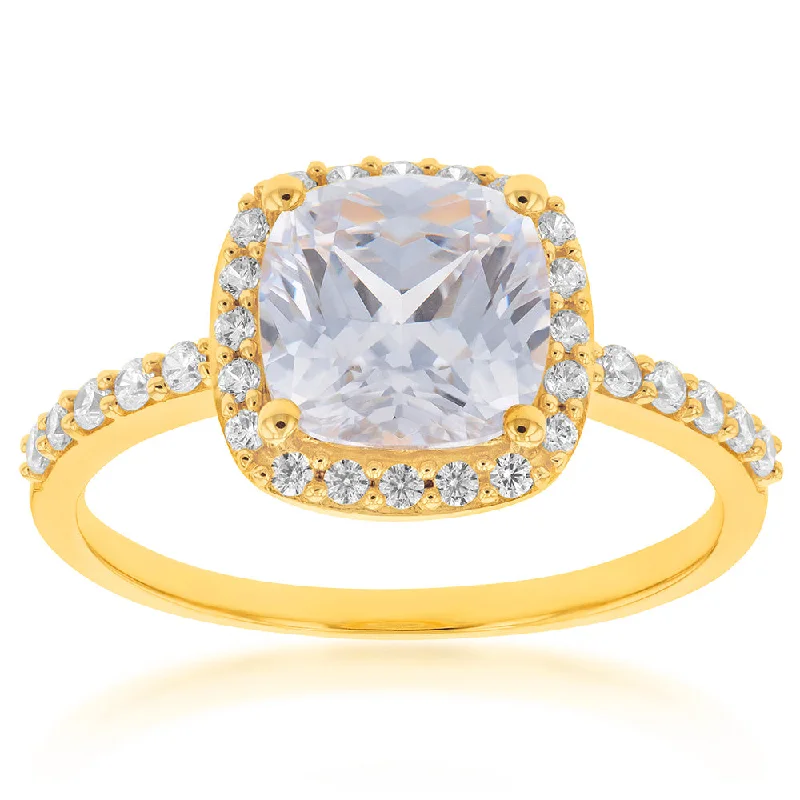 Pure diamond rings-9ct Yellow Gold Zirconia Cushion Cut Ring