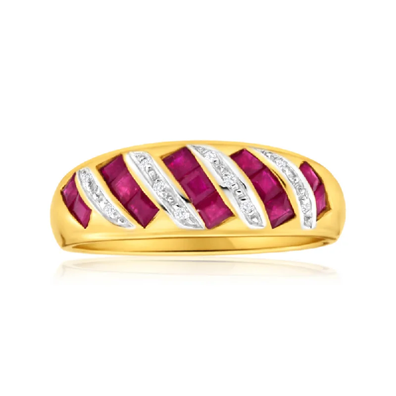 Slim heart rings-9ct Charming Yellow Gold Diamond + Natural Ruby Ring