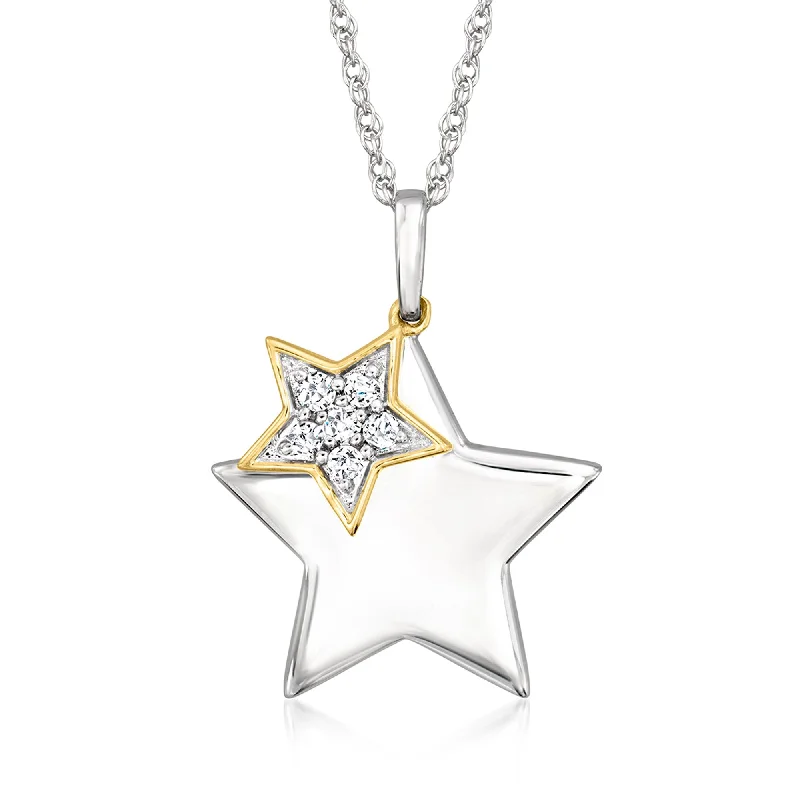 Brilliant pearl necklaces-Ross-Simons Diamond Double-Star Pendant Necklace in Sterling Silver With 14kt Yellow Gold