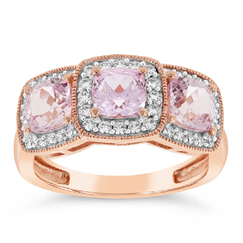 Twist band rings-9ct Rose Gold Trilogy Cubic Zirconia And Created Morganite Ring