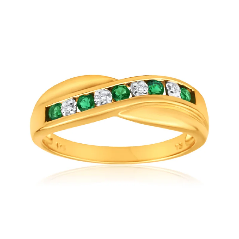 Thick gold rings-9ct Yellow Gold Created Emerald + Diamond Cross Over Ring