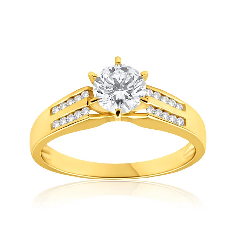 Worn deco rings-9ct Yellow Gold 6mm Solitaire and Channel Set Cubic Zirconia Ring