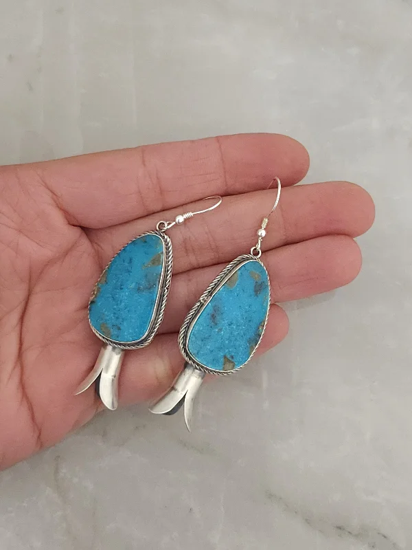 Thin clay earrings-Stamped Sterling Silver Turquoise Blossom Dangle Earrings