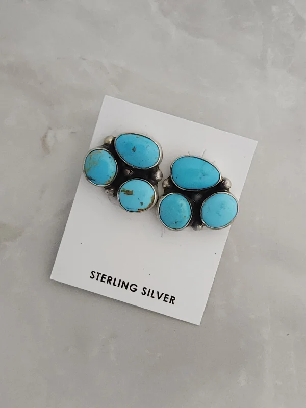 Ten-tier earrings-Stamped Sterling Silver Turquoise 3 Stone Earrings