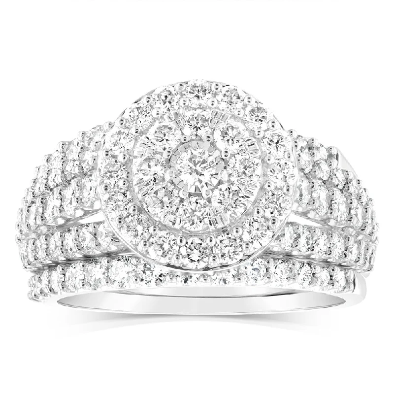 Bead row rings-14ct White Gold 1.95 Carat Diamond Halo Bridal 3 Ring set with Brilliant Cut Diamonds