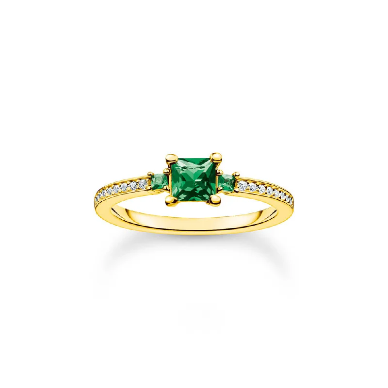 Moon theme rings-Thomas Sabo Sterling Silver Gold Plated Charm Club Princess Cut Green CZ Ring