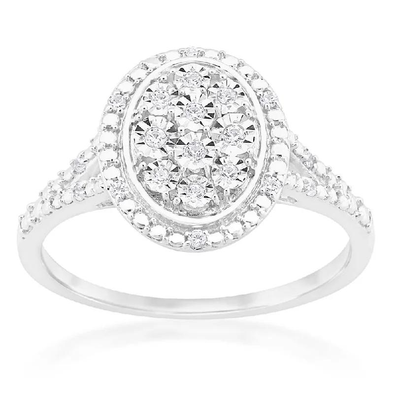 Pure form rings-Silver Diamond Oval Cluster Ring with 20 Diamonds