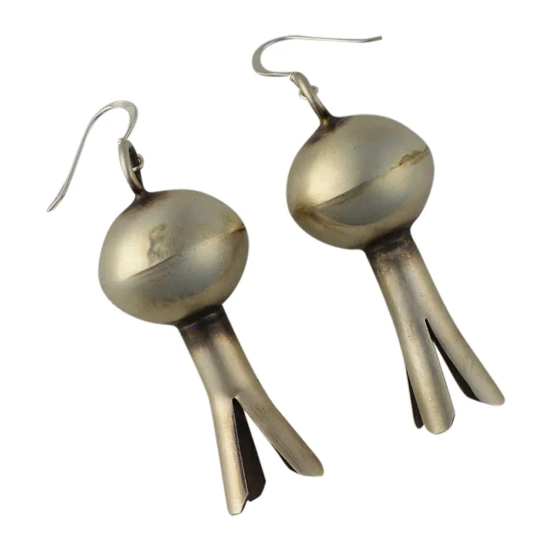 Thick bar earrings-Monica Smith Squash Blossom Plain Oxidized Earrings Navajo Sterling Silver