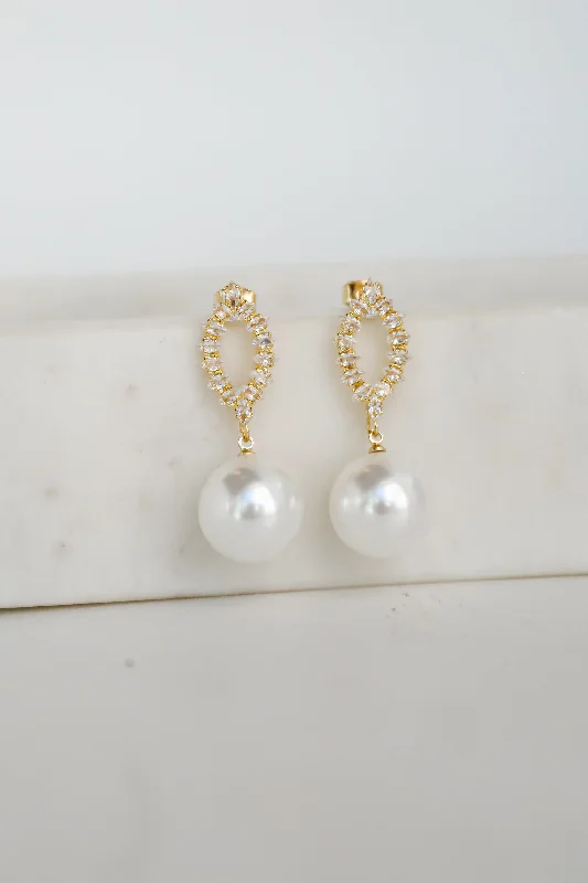 Moon themed earrings-Lena White Rhinestone Pearl Drop Earrings