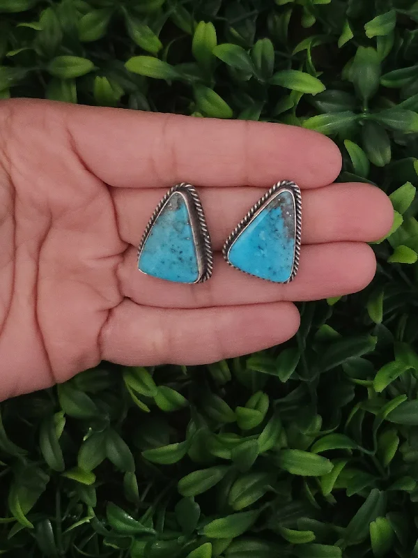 Round dangle earrings-Stamped Sterling Silver Sonoran Turquoise Triangle Earrings