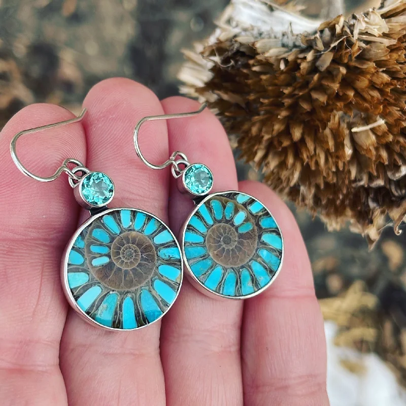 Slim wing earrings-Apatite, Ammonite with Turquoise Inlay and Sterling Silver Earrings