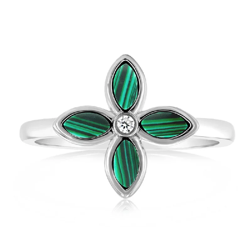 Thin cord rings-Sterling Silver Rose Rhodium Plated Created Malachite Four Petal Ring