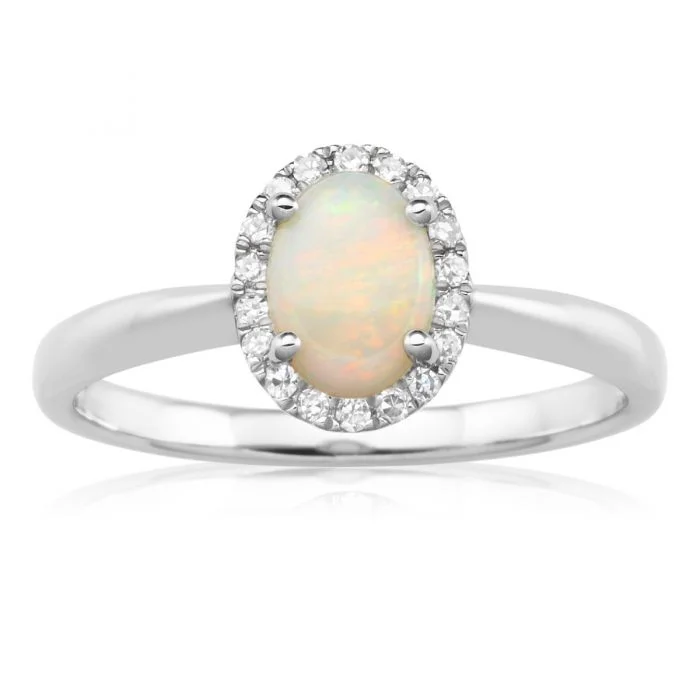 Amethyst gem rings-9ct White Gold 0.45ct Natural White Opal and Diamond Halo Ring