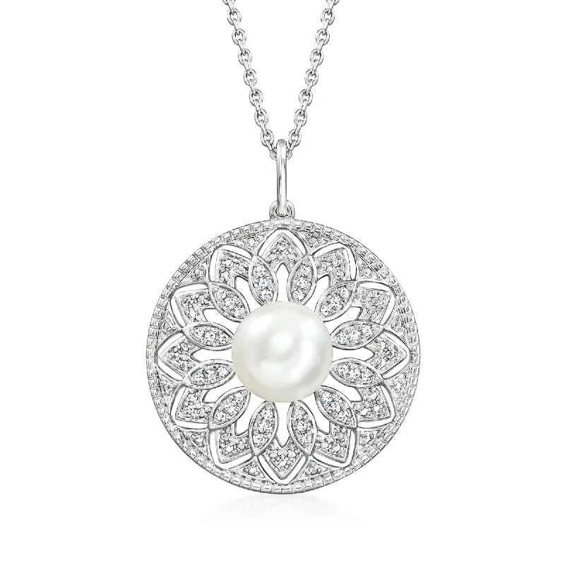 Pure stone necklaces-Ross-Simons 8-8.5mm Cultured Pearl and . Diamond Circle Pendant Necklace in Sterling Silver