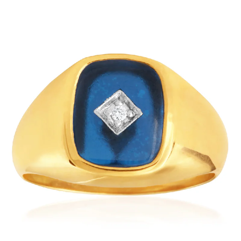 Slim heart rings-9ct Yellow Gold Created Blue Spinel & Diamond Gents Ring  (No Resize)