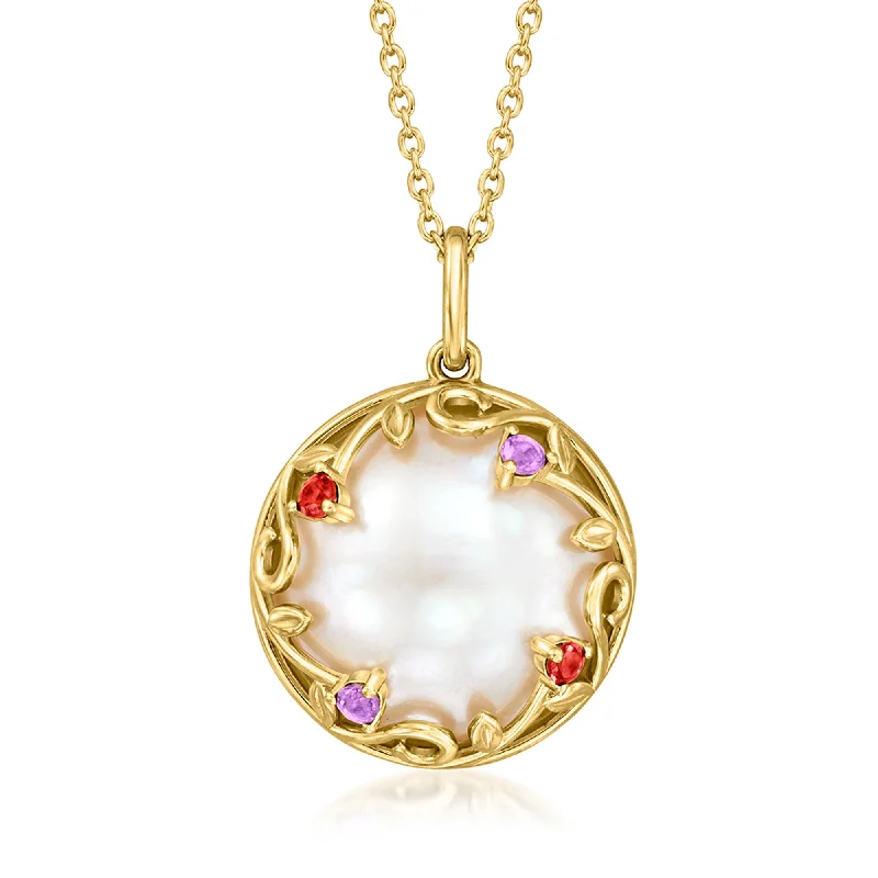 Bent pendant necklaces-Ross-Simons 16-16.5mm Cultured Mabe Pearl Pendant Necklace With Amethyst and Garnet Accents in 18kt Gold Over Sterling