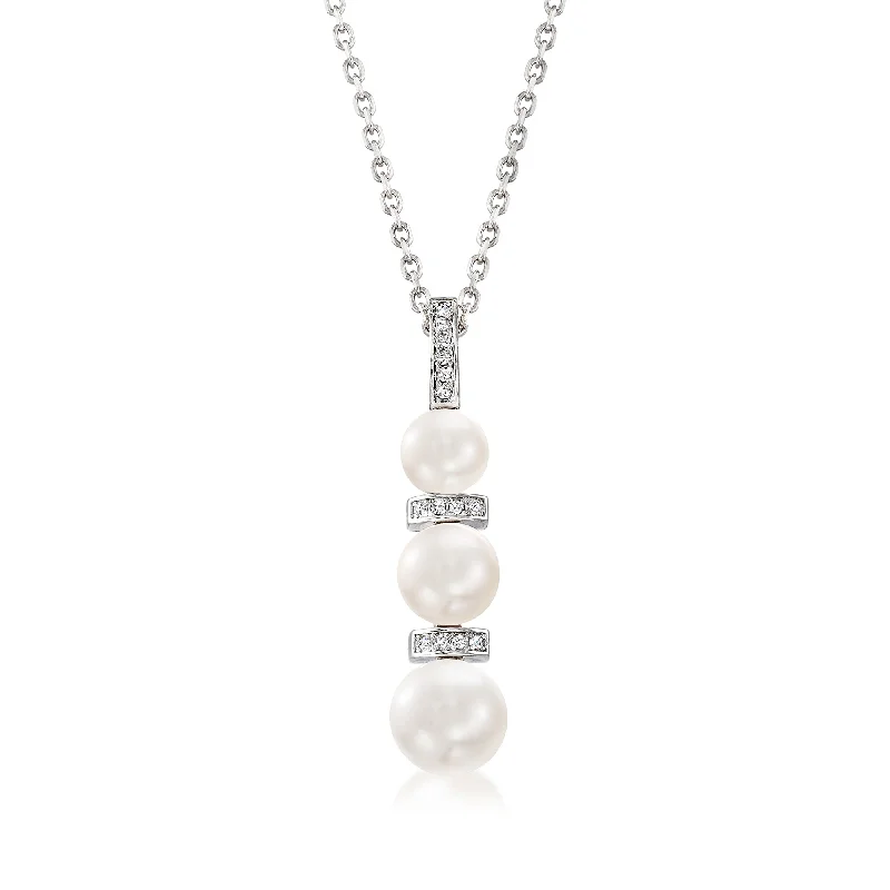 Flat gem necklaces-Ross-Simons 6-8.5mm Cultured Pearl and . Diamond Necklace in Sterling Silver