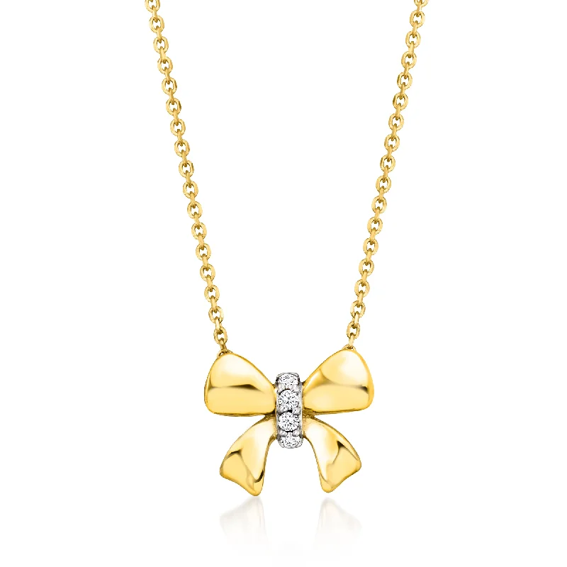 Thin beaded necklaces-RS Pure by Ross-Simons Diamond-Accented Bow Necklace in 14kt Yellow Gold