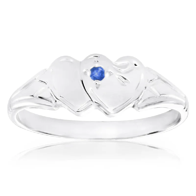 Thin enamel rings-Sterling Silver Natural Sapphire 2Heart Signet Ring Size L