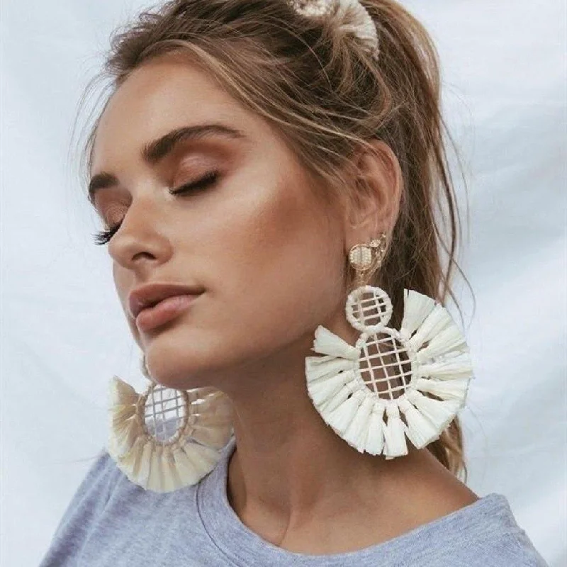 Thin hoop earrings-Raffia Wrapped "Cleo" Tassel Earrings