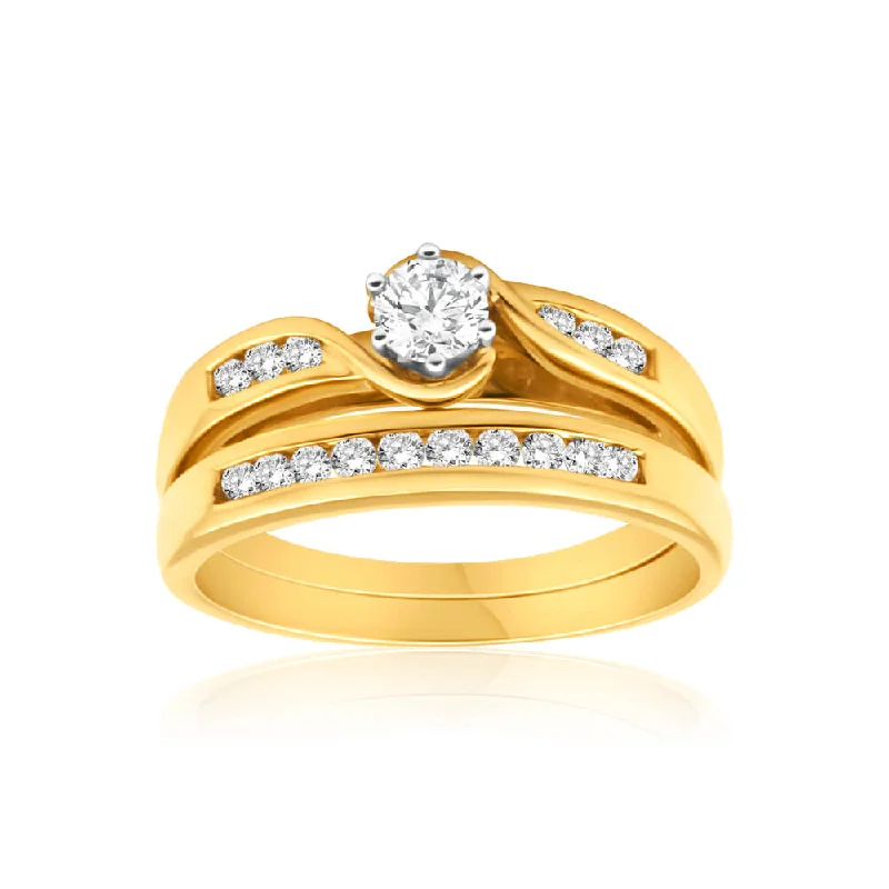 Round gem rings-9ct Yellow Gold 2 Ring Bridal Set With 16 Diamonds Totalling 0.5 Carats