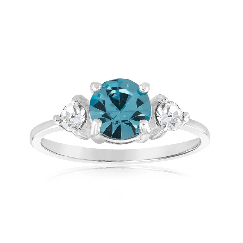 Bloom carved rings-Sterling Silver Aqua Bohemica And White Crystal Ring