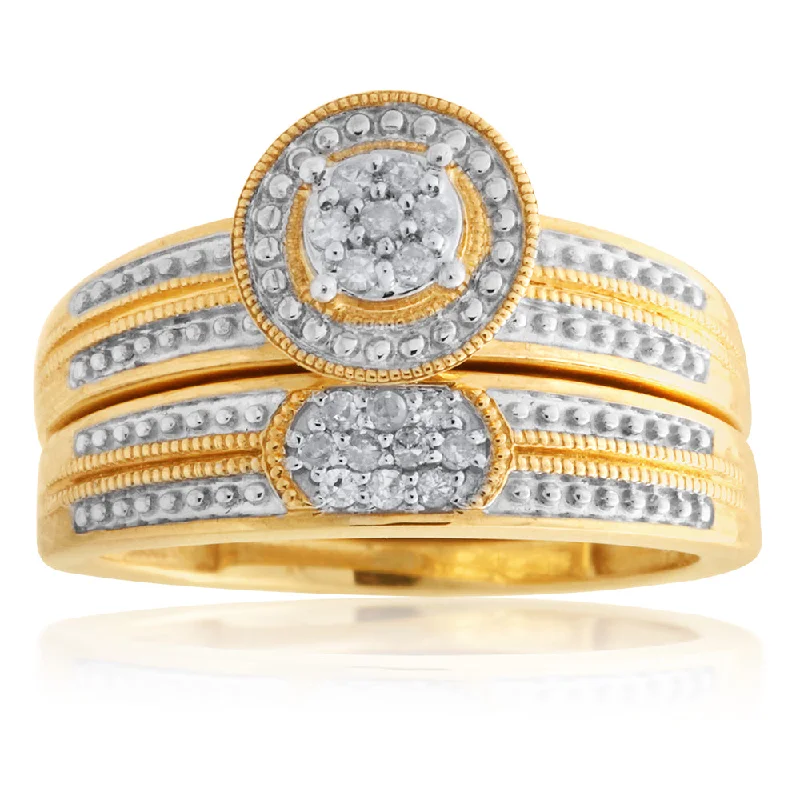 Spinel cut rings-9ct Yellow Gold 2-Ring Diamond Bridal set with 17 Diamonds