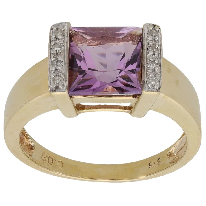 Fold band rings-9ct Gold Amethyst & 0.04ct Diamond Dress/Cocktail Ring Size P