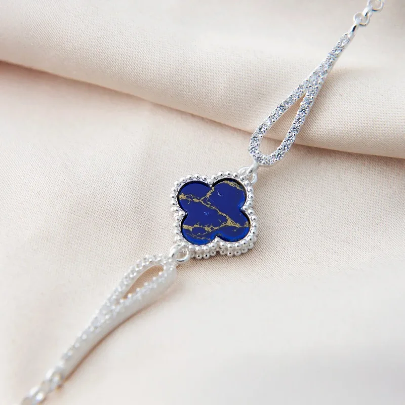 Sapphire bead bracelets-925 Silver Clover Bracelet with Blue Lapis Stone