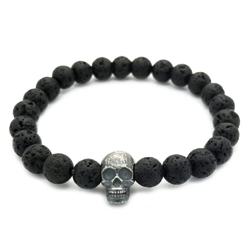 Daisy motif bangles-Raw Skull with Lava Stones Bracelet - Sterling Silver