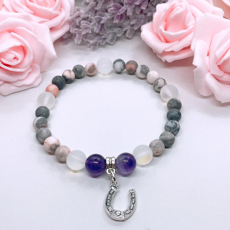 Thin bead bangles-Horseshoe Companion Charm Bracelet Amethyst