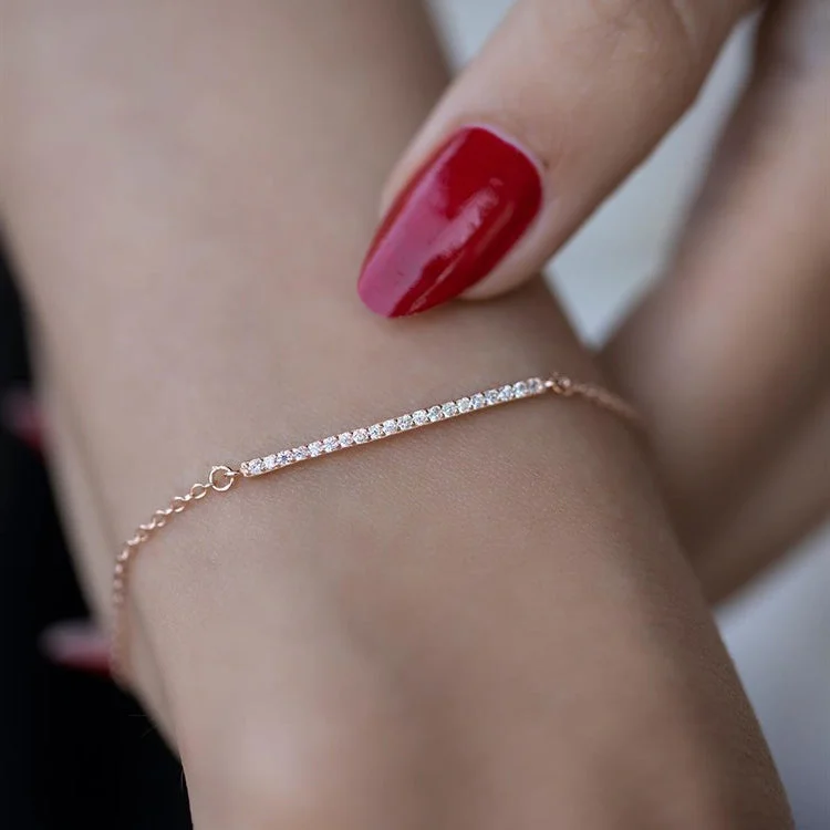 Plaited cord bracelets-Bar Zircon Stone Rose Gold-Plated Sterling Silver Bracelet