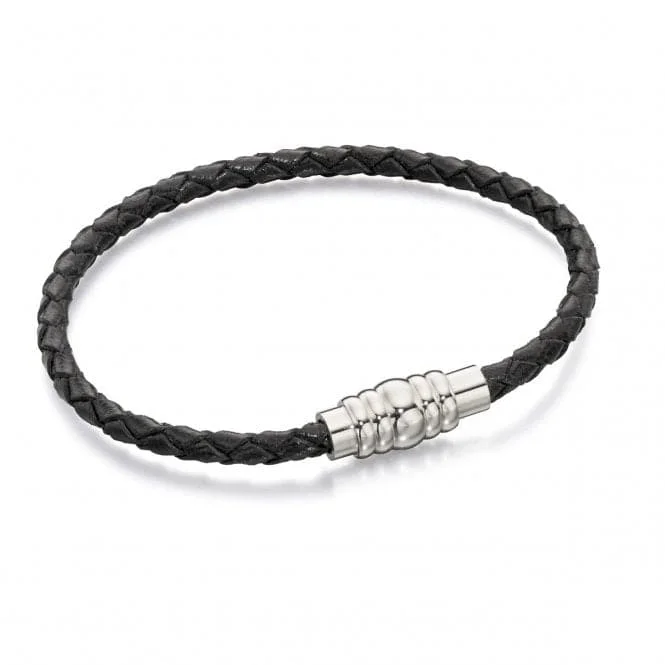 Clustered gem bracelets-Fred Bennett Skinny Stainless Steel Black Leather Magnetic Bracelet B4726