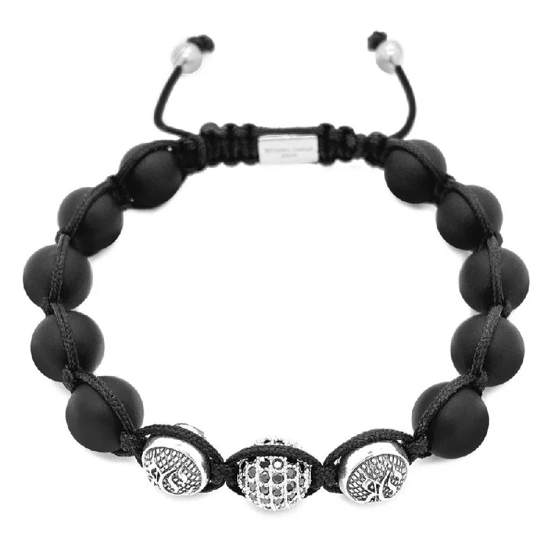 Bloom carved bracelets-Matte Onyx Bracelet & Triple Silver Beads