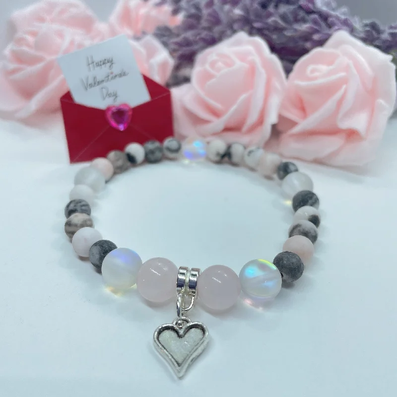 Thick gold bracelets-Dainty Heart Companion Charm Bracelet Rose Quartz