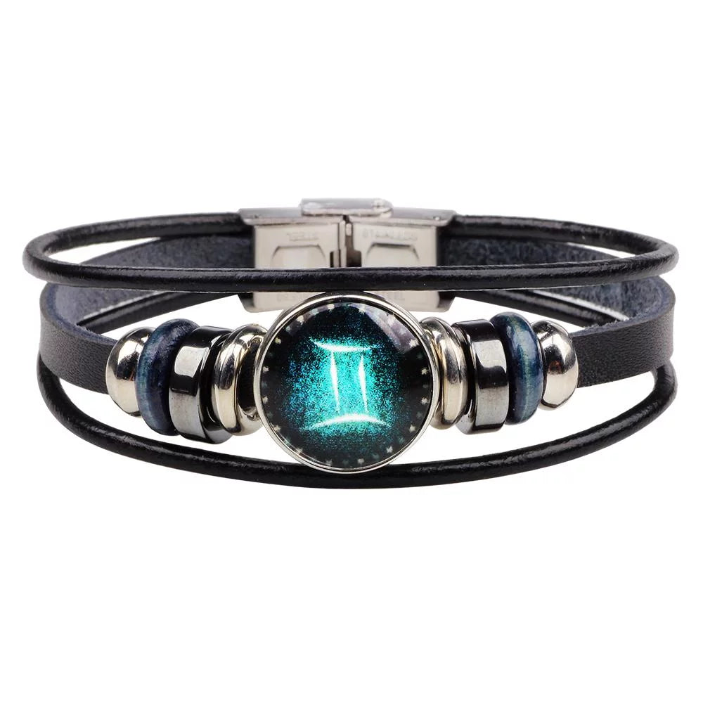 Thick cuff bangles-Gemini Unisex Astrology Zodiac Sign Constellation Horoscope Leather Wristband Bracelet for Men and Women