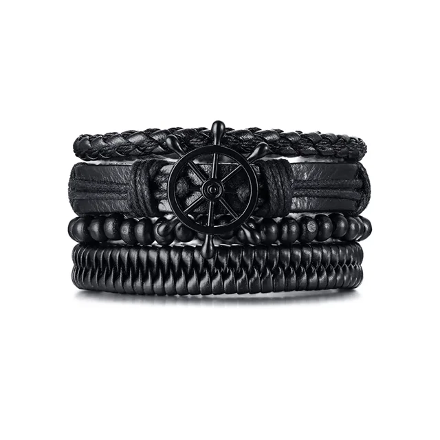 Layered metal bracelets-4pcs/set Adjustable Leather Bracelets for Men-Black Braided PU Leather