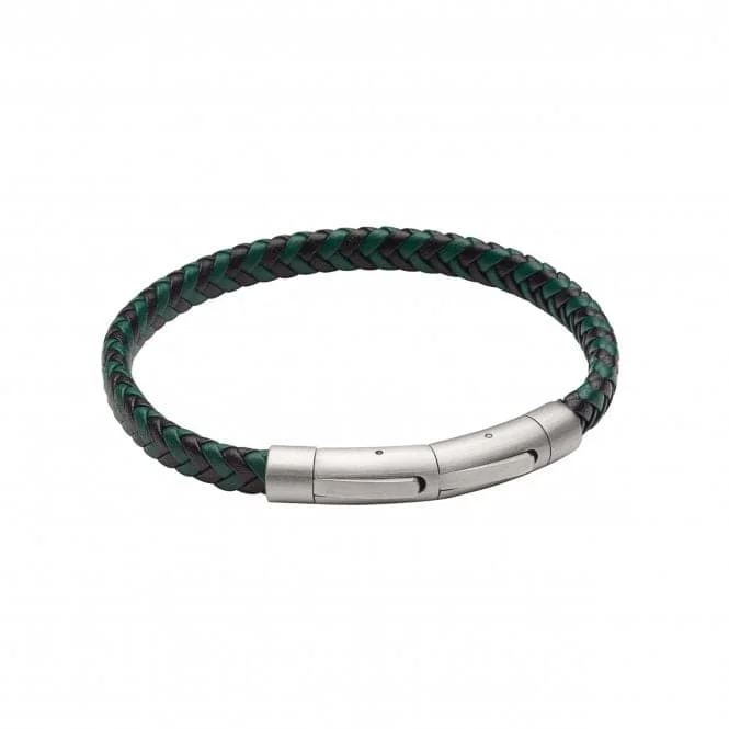 Flat knot bangles-Black Forest Green Plated Recycled Leather Bracelet Steel Clasp Bracelet B5375