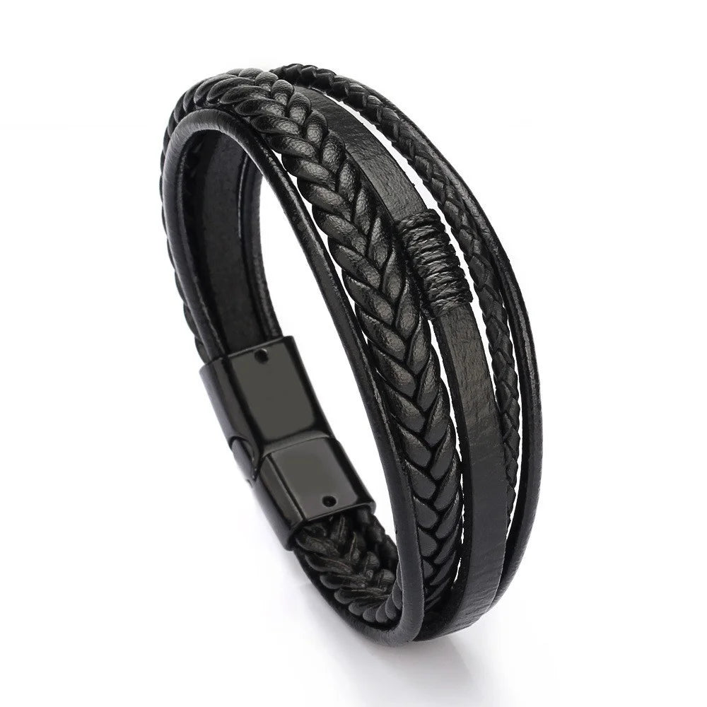 Bead-twisted bangles-Designice Mens Leather Bracelet Bracelet for Men with Magnetic Clasp - Multi-Layer Rope Wristband Style Men Bracelet Black 21.5cm